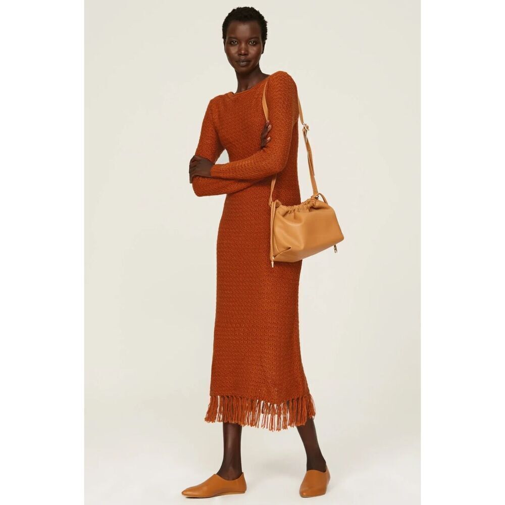 Pamela Love Fringe Burnt Orange Rust Long Sleeves Sweater Dress S 🩸